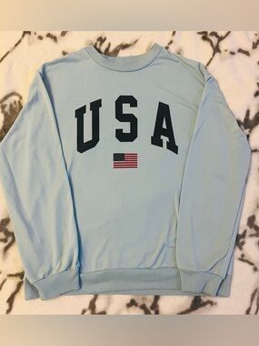 USA/American Flag Print Women’s Large Blue Drop Shoulder Crewneck Sweatshirt